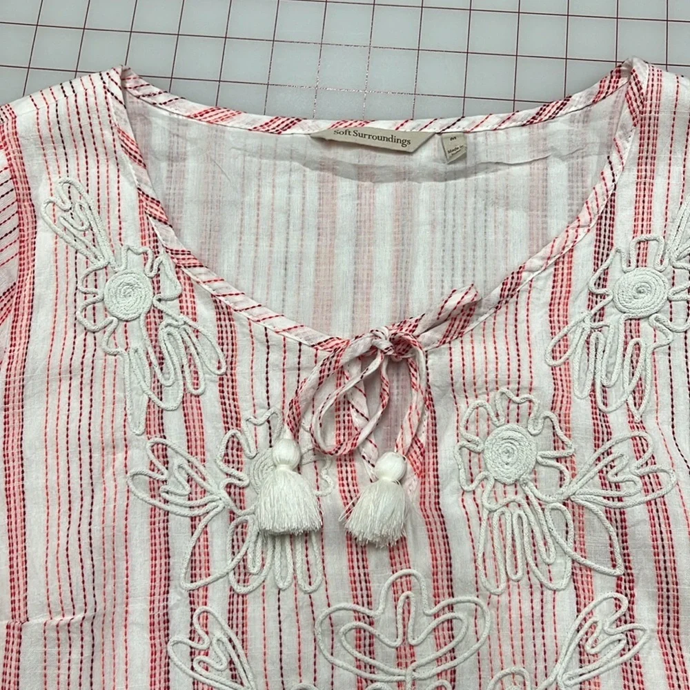 SOFT SURROUNDINGS Coastal Cottage Striped Embroidered Floral Tassel Tie Blouse M - Picture 9 of 16